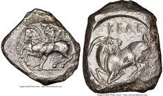 CILICIA. Celenderis. Ca. 425-350 BC. AR stater (22mm, 8h). NGC Choice XF. Youthful nude male rider, reins in right hand, kentron in left, dismounting ...