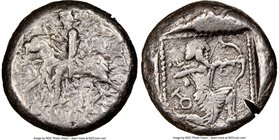 CILICIA. Tarsus. Ca. late 5th century BC. AR stater (20mm, 10.85 gm, 6h). NGC Choice VF 3/5 - 2/5, test cut. Satrap on horseback riding left, reins in...