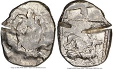 CYPRUS. Citium. Azbaal (ca. 449-425 BC). AR stater (26mm, 1h). NGC VF, test cuts, overstruck. Heracles in fighting stance right, nude but for lion ski...