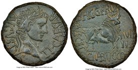 SPAIN. Celsa. Tiberius (AD 14-37). AE semis (26mm, 13.69 gm, 4h). NGC AU 5/5 - 4/5. B. Fronto and Cn. Bucco, as duoviri. TI•CAESAR-AVGVSTVS, laureate ...