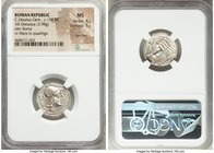 C. Aburius Geminus (ca. 134 BC). AR denarius (19mm, 3.98 gm, 5h). NGC MS 4/5 - 5/5, flan flaw. Rome. GEM, head of Roma right, wearing winged helmet de...