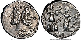 M. Furius L.f. Philus (ca. 119 BC). AR denarius (19mm, 3h). NGC Choice XF. Rome. M•FOVRI•L•F, laureate head of Janus / PHLI (PH ligate) in exergue, Ro...