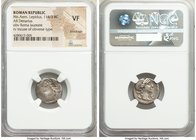 Mn. Aemilius Lepidus (ca. 114-113 BC). AR denarius (17mm, 12h). NGC VF, brockage. Rome. ROMA (MA ligate), laureate, draped bust of Roma right, seen fr...