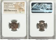 C. Claudius Pulcher (ca. 110-109 BC). AR denarius (18mm, 3.71 gm, 12h). NGC AU 3/5 – 3/5, brockage. Rome. Head of Roma right wearing winged helmet dec...