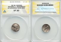 L. Marcius Censorinus (ca. 82 BC). AR denarius (17mm, 1h). ANACS VF 30. Rome. Laureate head of Apollo right / L•CENSOR, Satyr Marsyas walking left, ra...