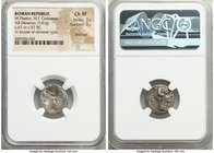 M. Plaetorius M.f. Cestianus (ca. 67 or 57 BC). AR denarius (17mm, 3.81 gm, 12h). NGC Choice XF 3/5 – 3/5, brockage. Rome. Draped female bust right se...