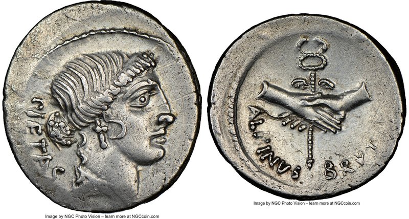 Albinus Bruti f. (ca. 48 BC). AR denarius (20mm, 3.67 gm, 3h). NGC AU 4/5 - 3/5,...