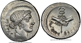 Albinus Bruti f. (ca. 48 BC). AR denarius (20mm, 3.67 gm, 3h). NGC AU 4/5 - 3/5, scratches. Rome. PIETAS, head of Pietas right, wearing pendant earrin...