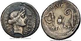 Julius Caesar, as Dictator (49-44 BC). AR denarius (20mm, 7h). NGC Choice Fine, scratches. North Africa (Utica?), 46 BC. COS•TERT-DICT•ITER, head of C...