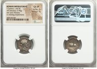 T. Carisius (ca. 46 BC). AR denarius (19mm, 3.90 gm, 3h). NGC Choice VF 4/5 - 3/5. Rome. MONETA, head of Juno Moneta right, wearing earring and neckla...