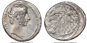 Augustus (27 BC-AD 14). AR denarius (19mm, 11h). NGC Choice Fine, bankers marks. North Peloponnesian mint (Pergamum?), ca. 21 BC. AVGVSTVS, bare head ...