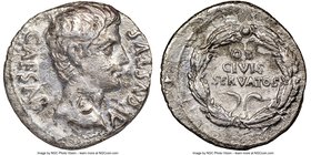 Augustus (27 BC-AD 14). AR denarius (19mm, 5h). NGC Choice Fine, bankers mark. Spain, Colonia Patricia, ca. 19-18 BC. AVGVSTVS-CAESAR, bare head of Au...