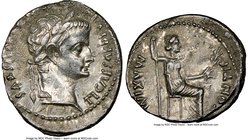 Tiberius (AD 14-37). AR denarius (19mm, 9h). NGC Choice VF. Lugdunum. TI CAESAR DIVI-AVG F AVGVSTVS, laureate head of Tiberius right / PONTIF-MAXIM, L...