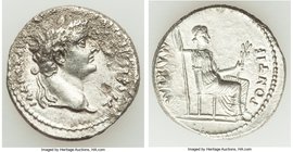 Tiberius (AD 14-37). AR denarius (18mm, 3.60 gm, 1h). AU, porosity. Lugdunum. TI CAESAR DIVI-AVG F AVGVSTVS, laureate head of Tiberius right / PONTIF-...