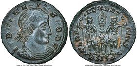 Delmatius (AD 335-337). AE 3/4 or BI nummus (17mm, 6h). NGC XF, smoothing. Siscia, 2nd officina, AD 337. FL DELMATIVS NOB C, laureate, draped and cuir...