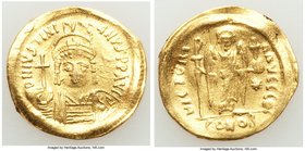 Justinian I the Great (AD 527-565). AV solidus (21mm, 4.35 gm, 6h). VF, bent, marks, clipped. Constantinople, 9th officina. D N IVSTINI-ANVS PP AVG, c...