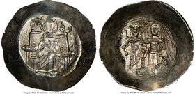 Isaac II Angelus, first reign (AD 1185-1195). EL aspron trachy (28mm, 3.81 gm, 6h). NGC MS 4/5 - 5/5. Constantinople. Full length figure of the Virgin...