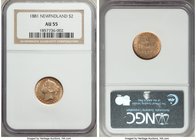 Newfoundland. Victoria gold 2 Dollars 1881 AU55 NGC, London mint, KM5. Lustrous with rose-gold toning. 

HID09801242017