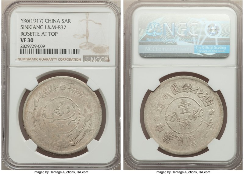 Sinkiang. Republic Sar (Tael) Year 6 (1917) VF30 NGC, Ti-hua mint, Y45, L&M-837....