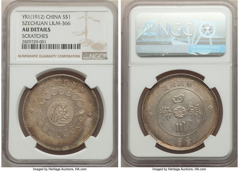 Szechuan. Republic Dollar Year 1 (1912) AU Details (Scratches) NGC, KM-Y456, L&M...