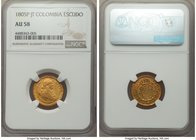 Charles IV gold Escudo 1805 P-JT AU58 NGC, Popayan mint, KM56.2. Peripheral toning in violet and red. 

HID09801242017