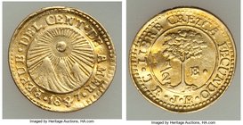 Central American Republic gold "Inverted C" 1/2 Escudo 1847 CR-JB XF (Ex. Jewelry), San Jose mint, KM13.2. 14.4mm. 1.54gm. Scarce variety with inverte...