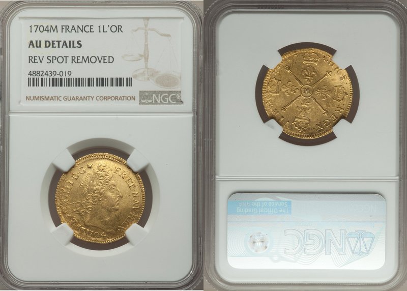 Louis XIV gold Louis d'Or 1704-M AU Details (Reverse Spot Removed) NGC, Toulouse...