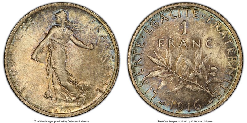 Republic Franc 1916 MS65 PCGS, Paris mint, KM844.1. Overall flint gray with area...