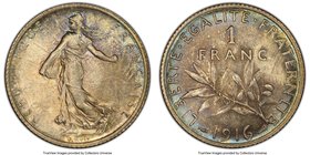 Republic Franc 1916 MS65 PCGS, Paris mint, KM844.1. Overall flint gray with areas of gold and turquois toning. 

HID09801242017