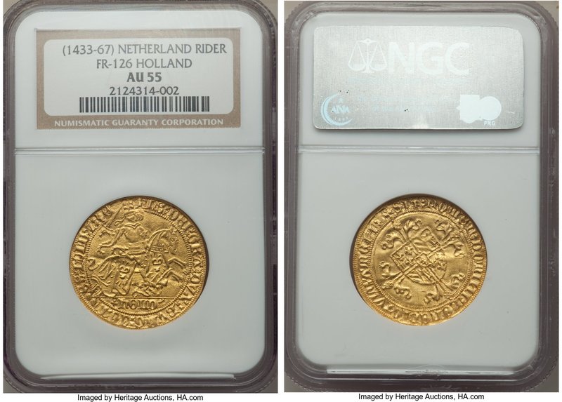 Holland. Philip the Good gold Rider ND (1433-1467) AU55 NGC, Fr-126. Strong deta...
