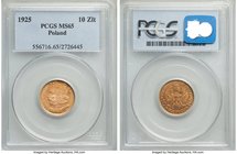 Republic gold 10 Zlotych 1925-(w) MS65 PCGS, Warsaw mint, KM-Y32. Lovely rose-gold color with semi-prooflike fields. 

HID09801242017