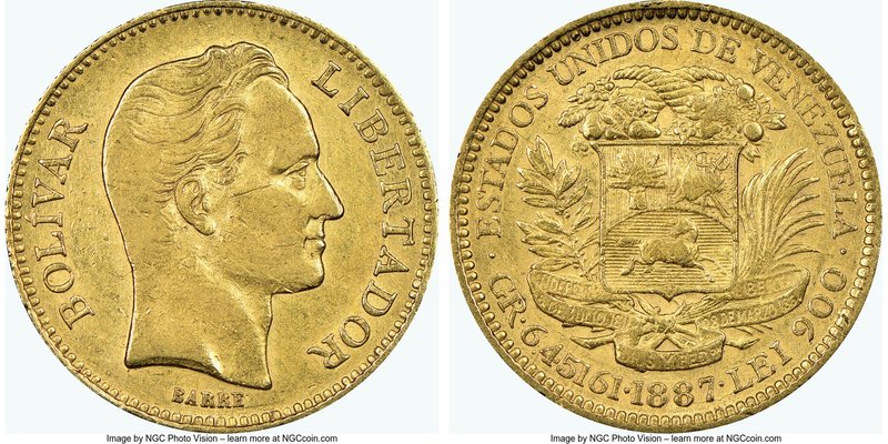 Republic gold 20 Bolivares 1887-(C) VF35 NGC, Caracas mint, KM-Y32. AGW 0.1867 o...
