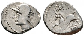 Keltische Münzen 
 Gallia 
 Belenos 
 Quinar ca. 55 v. Chr. Behelmte Büste der Roma(?) nach links / Pferd über Beizeichen nach links, darüber BELIN...