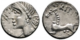 Keltische Münzen 
 Gallia 
 Haedui 
 Quinar ca. 55 v. Chr. Büste nach links, davor ATRILLI F. / Pferd nach links über Delphin, darüber ORCETIRIX. L...