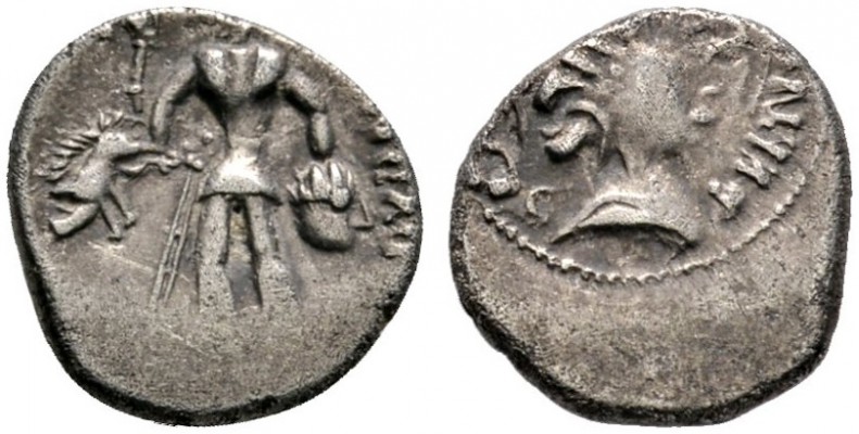 Keltische Münzen 
 Gallia 
 Haedui 
 Quinar ca. 69-50 v. Chr. -Bibracte-. Büs...