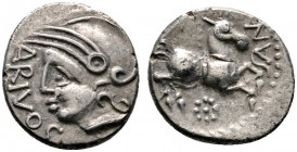 Keltische Münzen 
 Gallia 
 Santones 
 Quinar ca. 55 v. Chr. Behelmte Romabüste nach links, davor ARIVOS / Pferd nach rechts über Rosette, davor SA...