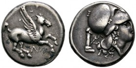 Griechische Münzen 
 Akarnania 
 Leukas 
 Stater um 350 v. Chr. Pegasos nach rechts fliegend, darunter liegendes &quot;V&quot; / Kopf der Athena mi...