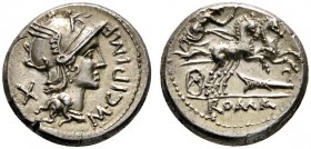 Römische Münzen 
 Römische Republik 
 M. Cipius M.f. 115 oder 114 v. Chr 
 Denar -Rom-. Romakopf mit Flügelhelm nach rechts, dahinter Wert­zeichen ...