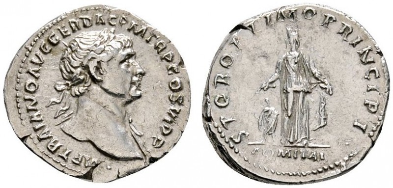 Römische Münzen 
 Kaiserzeit 
 Trajanus 98-117 
 Denar 112/114 -Rom-. IMP TRA...