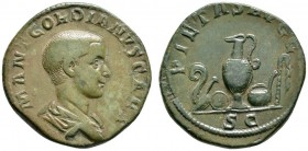 Römische Münzen 
 Kaiserzeit 
 Gordianus III. 238-244 
 Sesterz (Prägung als Caesar) April-Juni 238 -Rom-. M ANT GORDIANVS CAES. Bloße drapierte Bü...