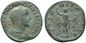 Römische Münzen 
 Kaiserzeit 
 Gordianus III. 238-244 
 Sesterz 240 -Rom-. IMP GORDIANVS PIVS FEL AVG. Belorbeerte und drapierte Büste nach rechts ...
