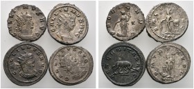 Römische Münzen 
 Kaiserzeit 
 Gallienus 253-268 
 Lot (4 Stücke): Antoniniane -Antiochia-. Drapierte Büste mit Strahlenkrone nach rechts / Provide...