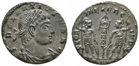 Römische Münzen 
 Kaiserzeit 
 Delmatius Caesar 335-337 
 Folles -Aquileia-. FL DELMATIVS NOB C. Belorbeerte und drapierte Büste nach rechts / GLOR...