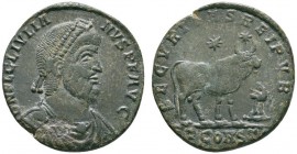 Römische Münzen 
 Kaiserzeit 
 Julianus II. 360-363 
 Doppelmaiorina -Arles-. D N FL CL IVLIANVS P F AVG. Drapierte und gepanzerte Büste mit Diadem...