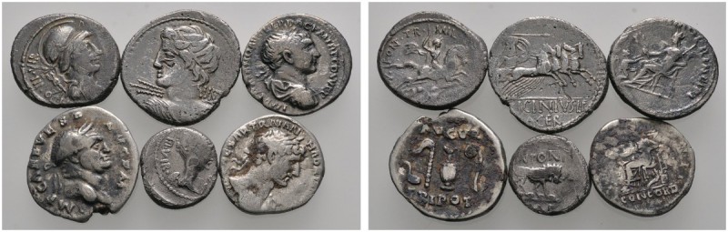 Lots antiker Münzen 
 6 Stücke: RÖMER . Quinar sowie 5 Denare (2x Republik, Tra...
