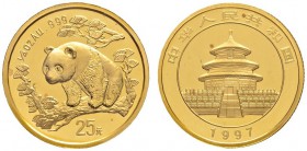 Ausländische Münzen und Medaillen 
 China-Volksrepublik 
 25 Yuan 1997. Panda. KM 989, Fr. B6. 7,78 g Feingold (1/4 Unze)
 original verschweißt, St...