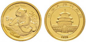 Ausländische Münzen und Medaillen 
 China-Volksrepublik 
 5 Yuan 1998. Panda. KM 1125, Fr. B8. 1,56 g Feingold (1/20 Unze)
 original verschweißt, S...