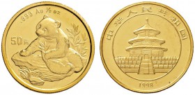 Ausländische Münzen und Medaillen 
 China-Volksrepublik 
 50 Yuan 1998. Panda. KM 1129, Fr. B5. 15,55 g Feingold (1/2 Unze). Auflage: nur 4.168 Exem...