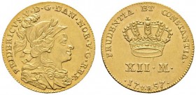 Ausländische Münzen und Medaillen 
 Dänemark 
 Frederik V. 1746-1766 
 12 Mark (Courant Ducat) 1757. Belorbeertes Brustbild im Harnisch mit Feder­h...