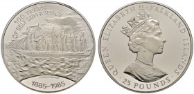 Ausländische Münzen und Medaillen 
 Falkland Inseln 
 Elizabeth II. seit 1953 
 25 Pounds 1985. Auf die 100-Jahrfeier der Zugehörigkeit zu Großbrit...